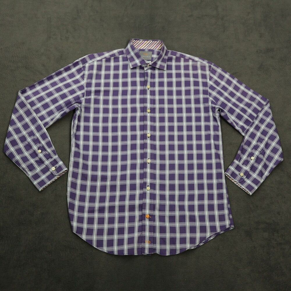 Thomas Dean Boys Long Sleeve Button Up Shirt‎ L 14-16 Purple Plaid Cotton Casual